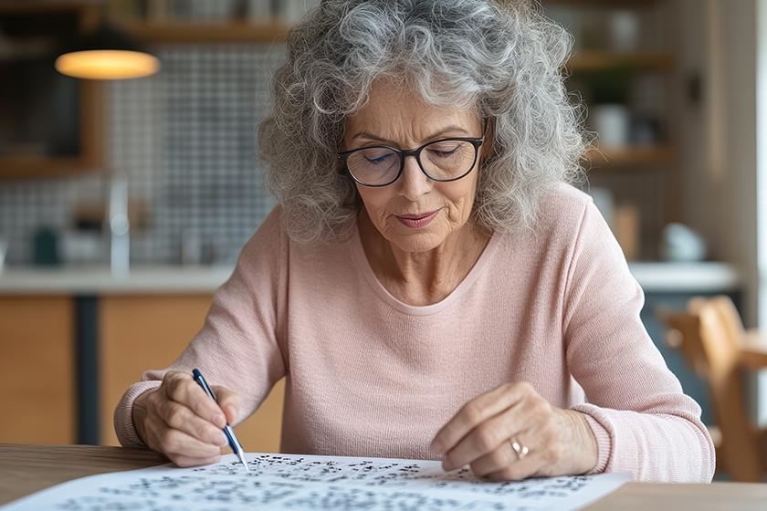 An elderly woman, wearing glasses